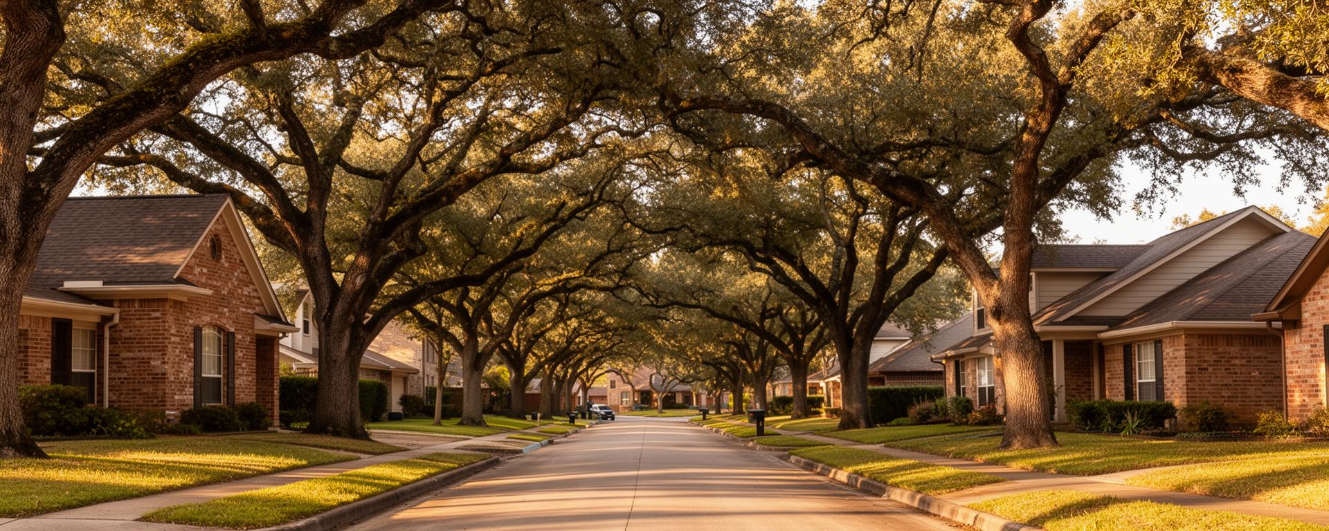 Friendswood real estate — Boatman Realty Friendswood Texas tree-lined street with established brick homes and oak trees