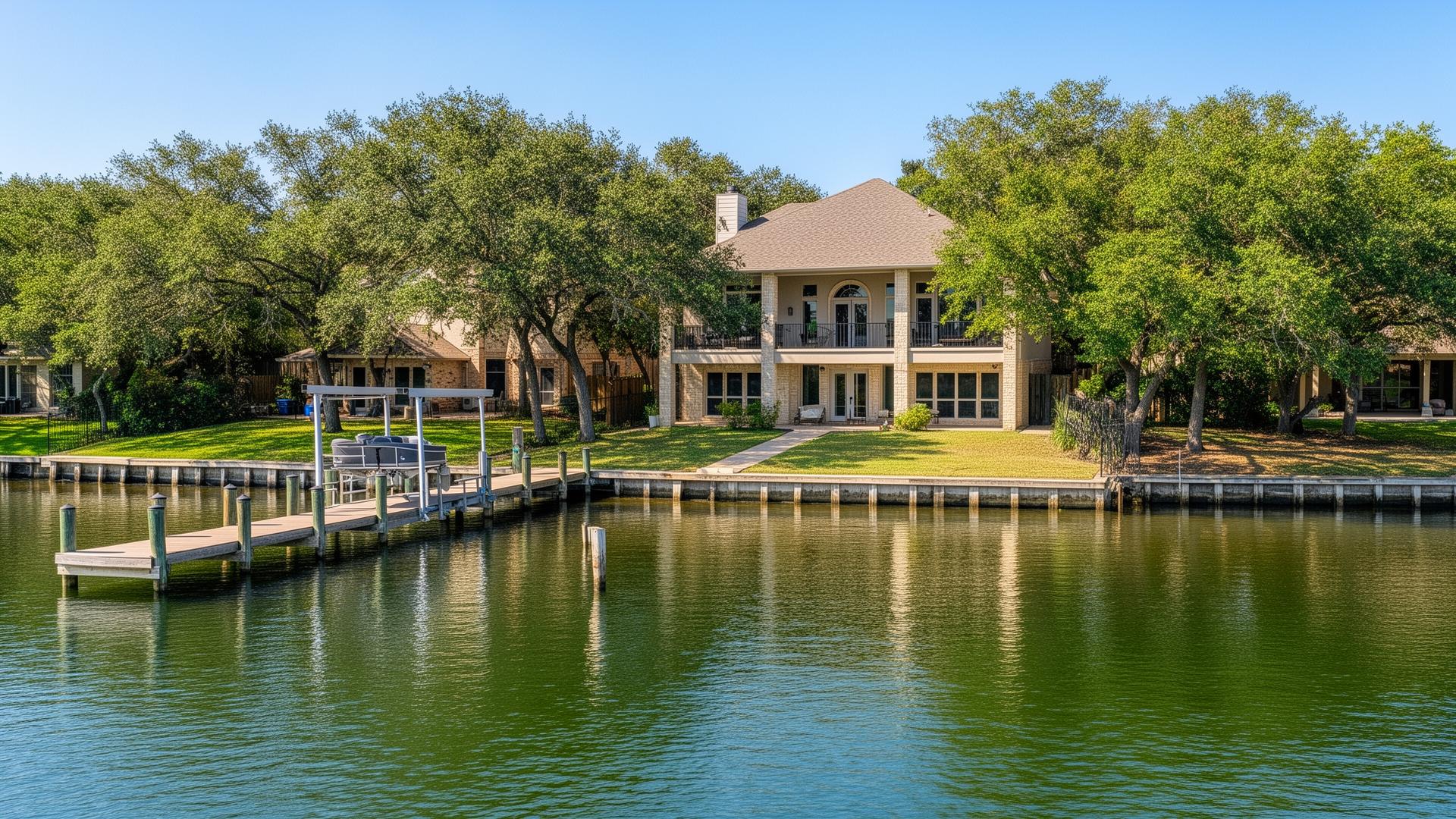 Clear Lake Texas waterfront home with private dock and calm water reflections