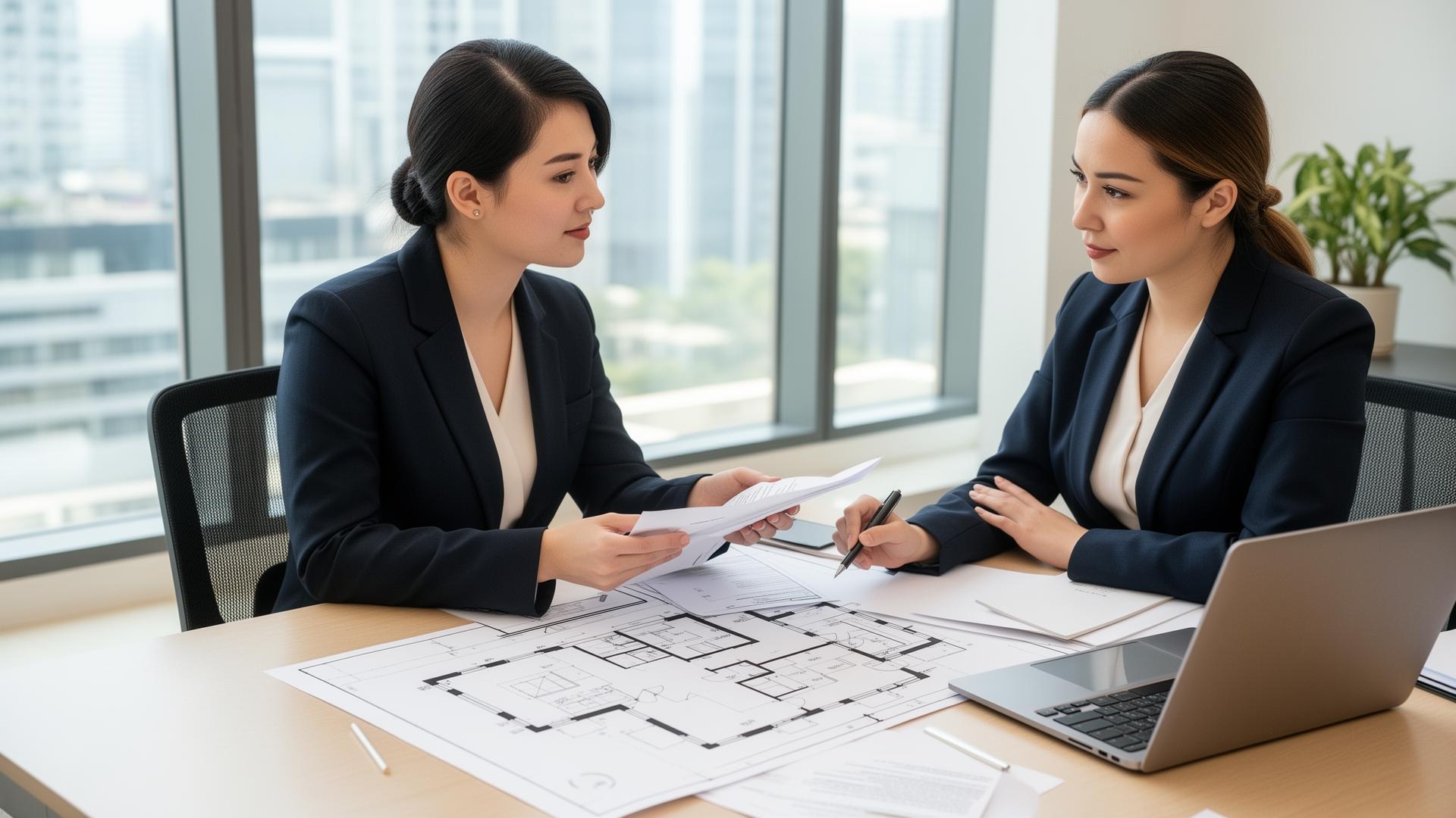 Real estate agents reviewing home appraisal documents and blueprints in a professional office