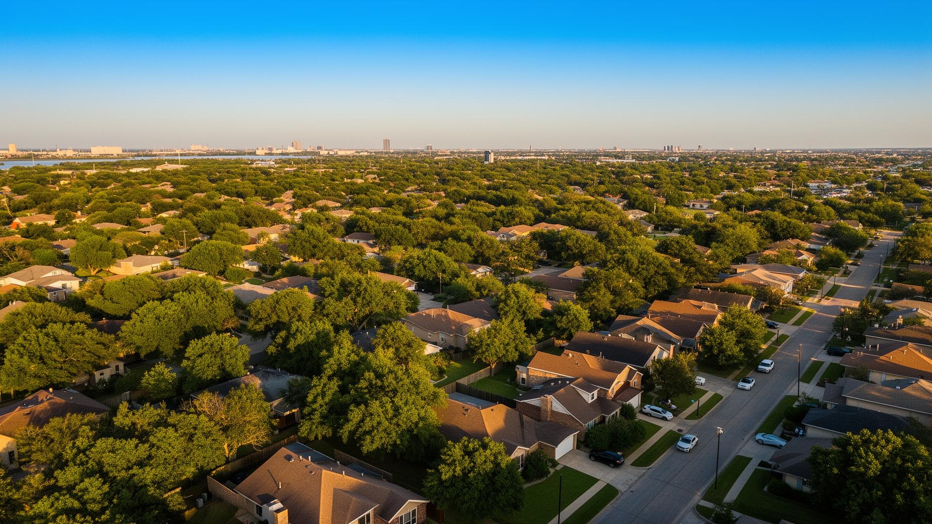 Aerial view of Houston Bay Area neighborhood at golden hour