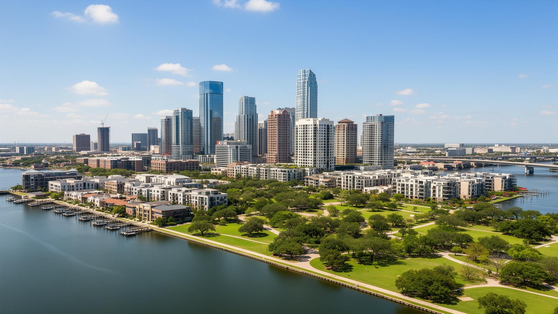 Houston Bay Area waterfront with mixed-use developments, marinas and green parks